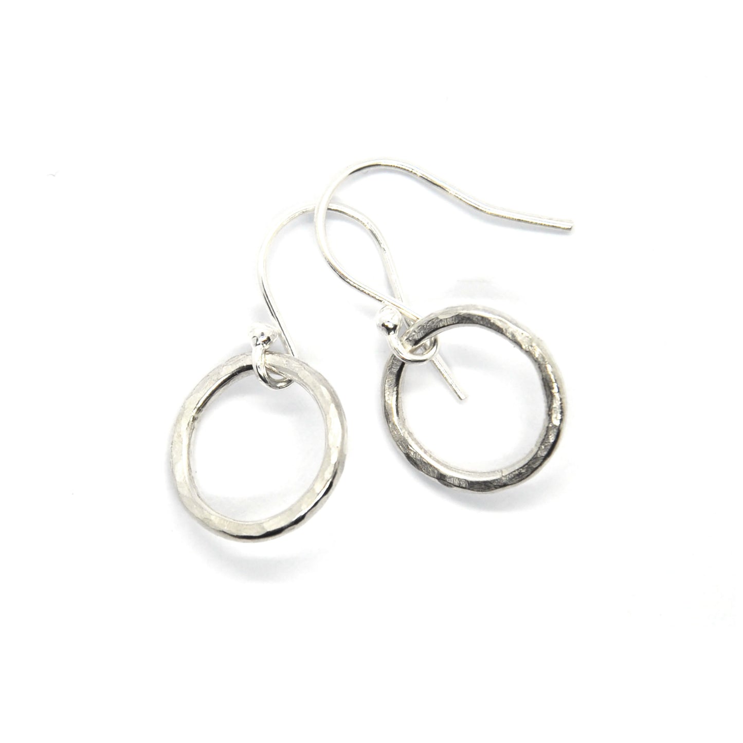 Sterling silver open circle drop earrings with hammered finish - small