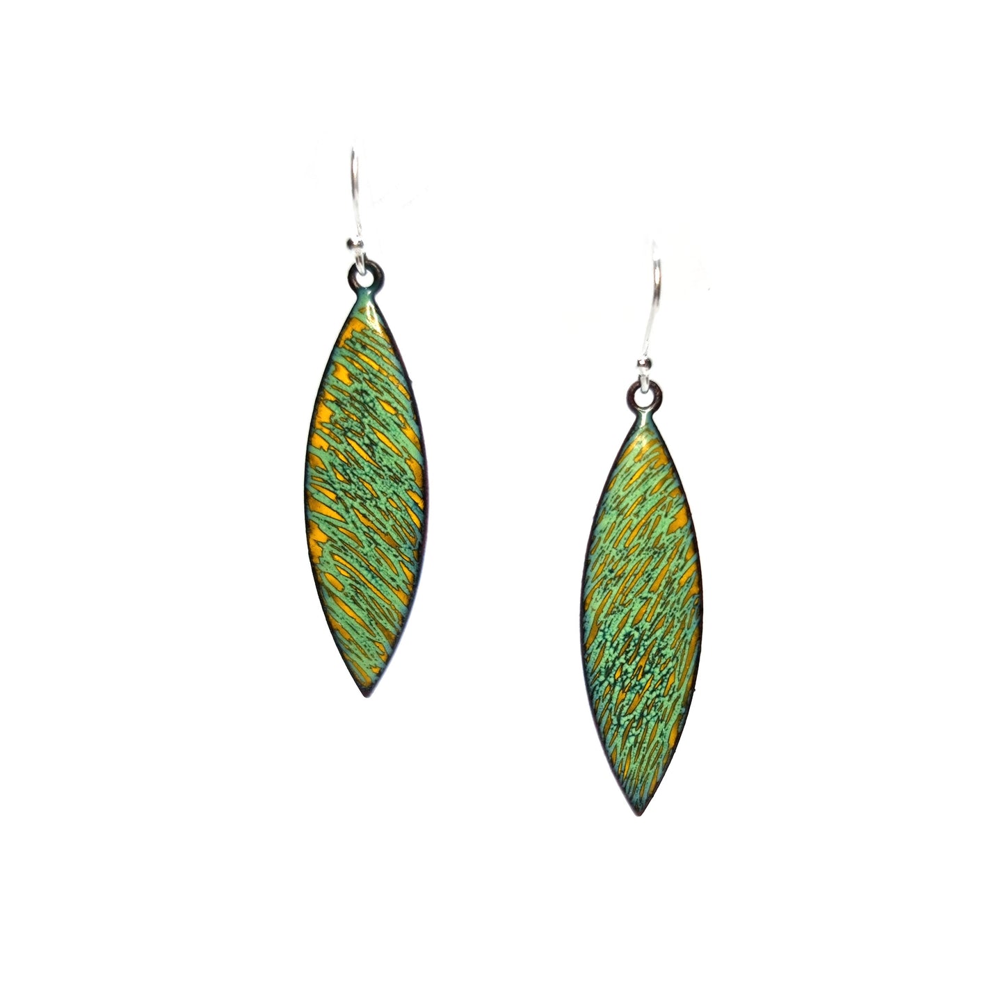 Boat shaped drop earrings with a rustic line pattern of light green and yellow enamel. With silver ear hooks.