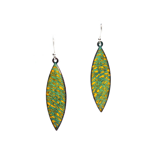 Boat shaped drop earrings with a rustic line pattern of light green and yellow enamel. With silver ear hooks. 