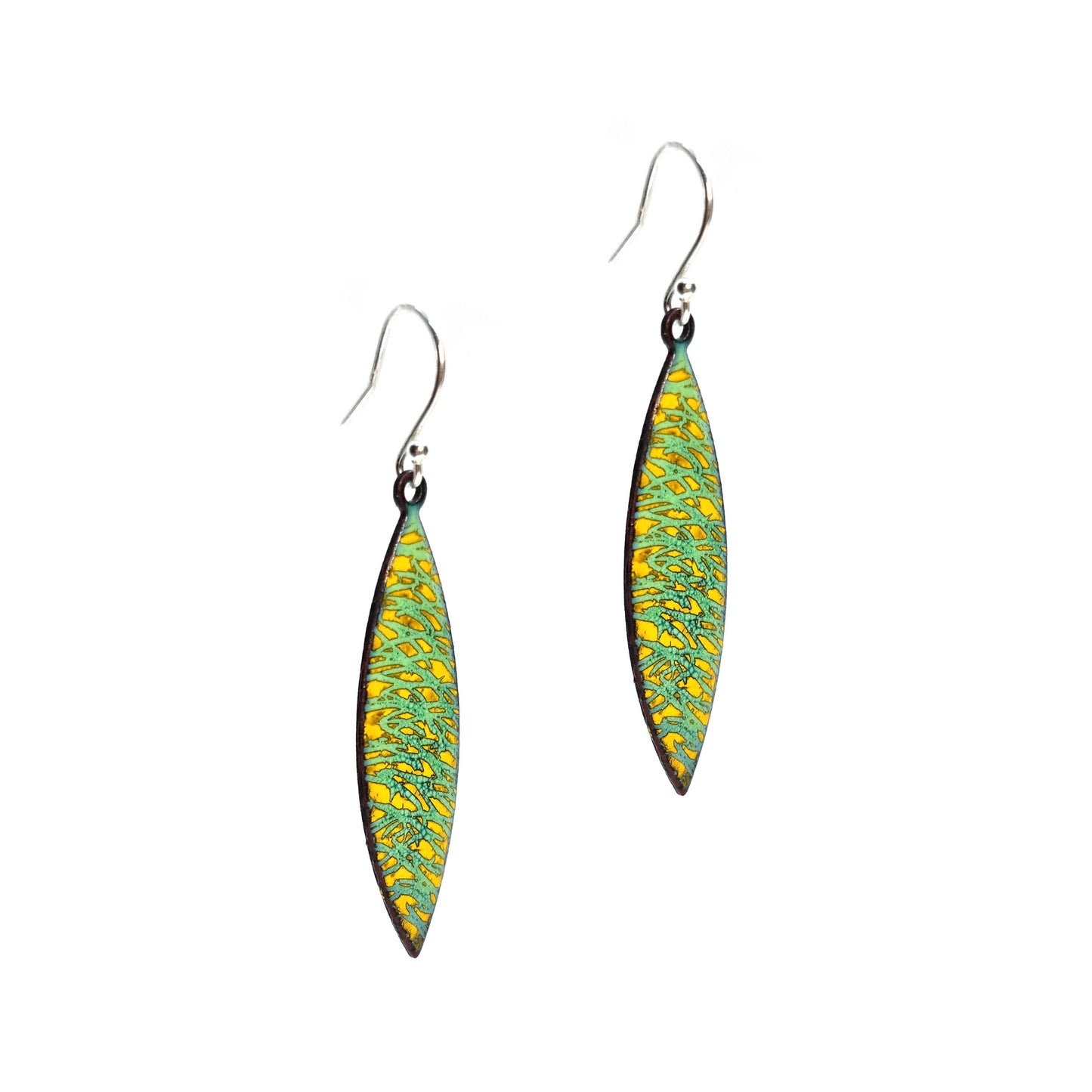 Boat shaped drop earrings with a rustic line pattern of light green and yellow enamel. With silver ear hooks. Side view.