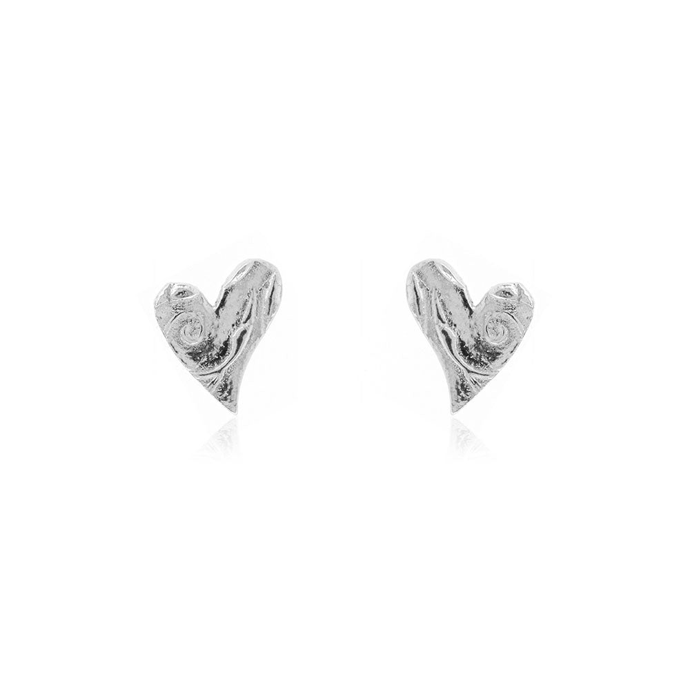 Silver asymmetrical heart stud earrings with a swirl pattern.