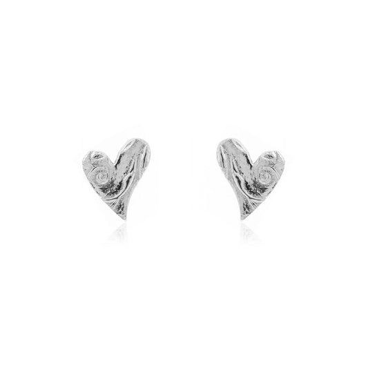 Silver asymmetrical heart stud earrings with a swirl pattern.