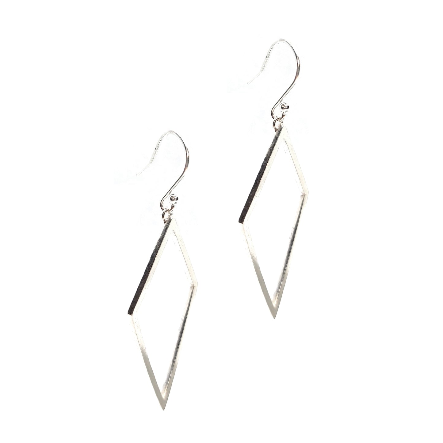 Silver drop earrings featuring an open diamond shape suspended from silver ear hooks.