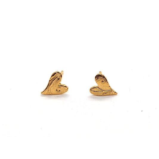 Yellow gold vermeil asymmetrical heart stud earrings with a swirl pattern.