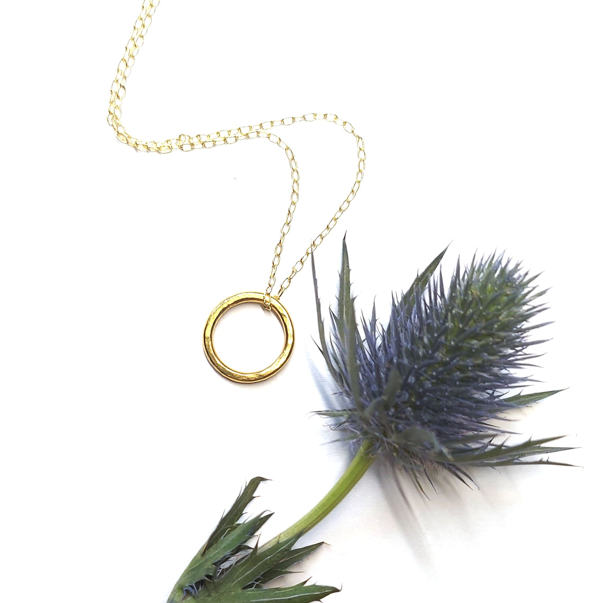 Yellow gold vermeil open circle pendant with hammered texture on a yellow gold vermeil chain. Small. Pictured with thistle.