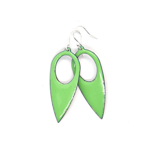 Large light green enamel drop earrings in a teardrop shape with a cut-out hole.
