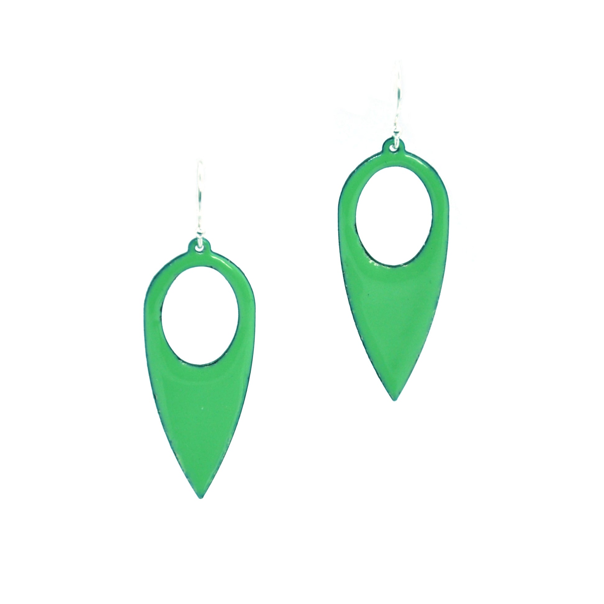 Large light green enamel drop earrings in a teardrop shape with a cut-out hole.