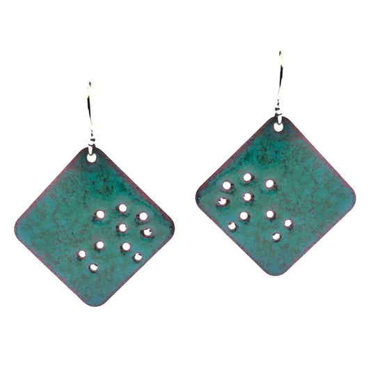 Pair of square-shaped earrings with a speckled green enamel surface and small holes, on a white background. Handmade. Mijoux Jewellery
