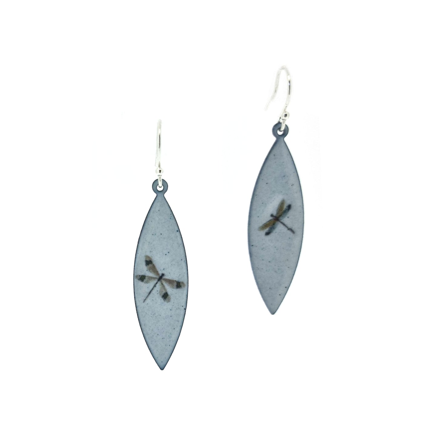 Boat shaped drop earrings with grey enamel. Each earring features one dragonfly in various colours. On silver ear hooks.