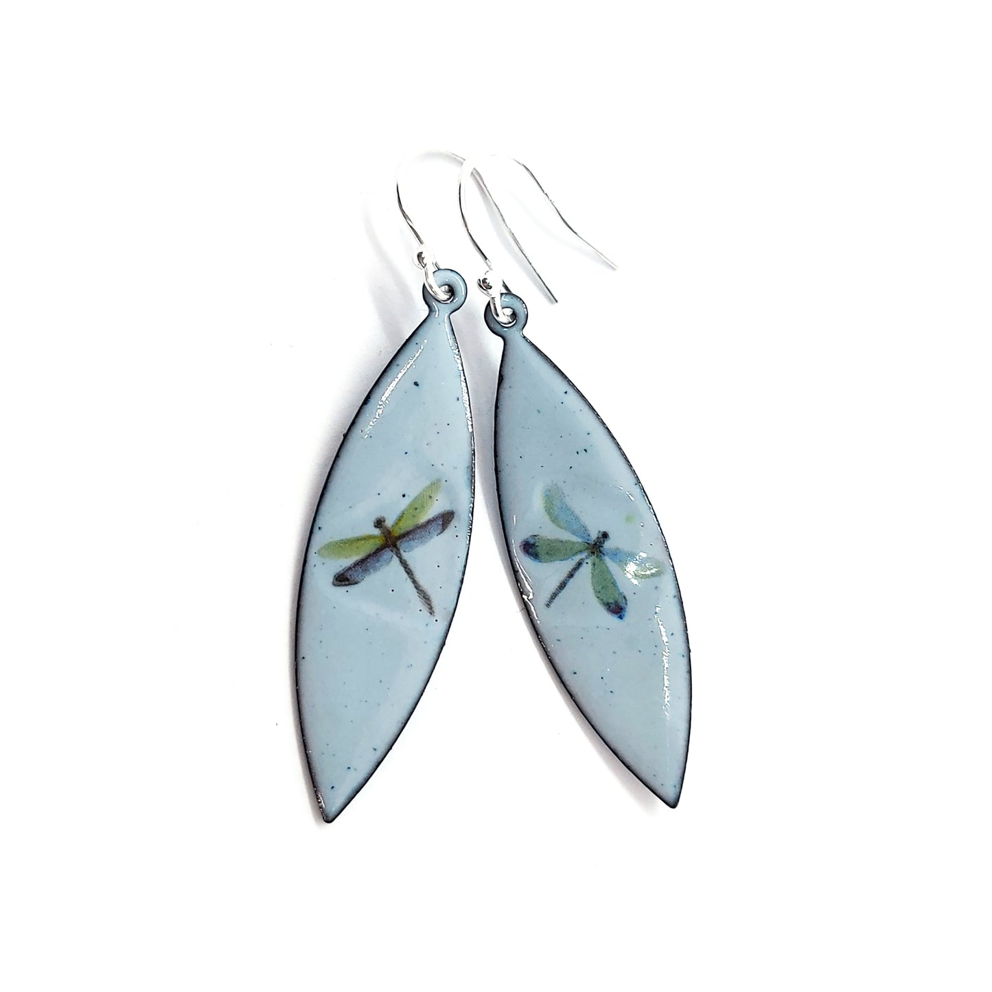 Boat shaped drop earrings with grey enamel. Each earring features one dragonfly in various colours. On silver ear hooks.