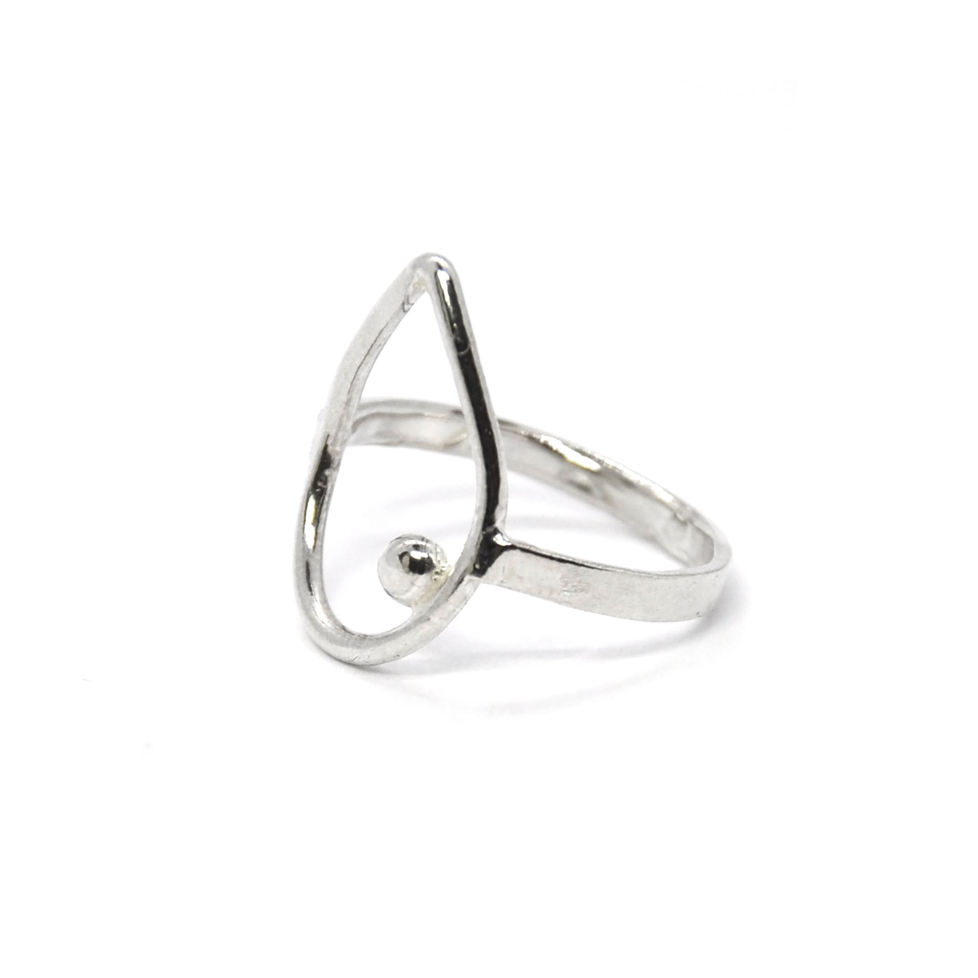 Silver open teardrop shaped ring with off-centre ball.