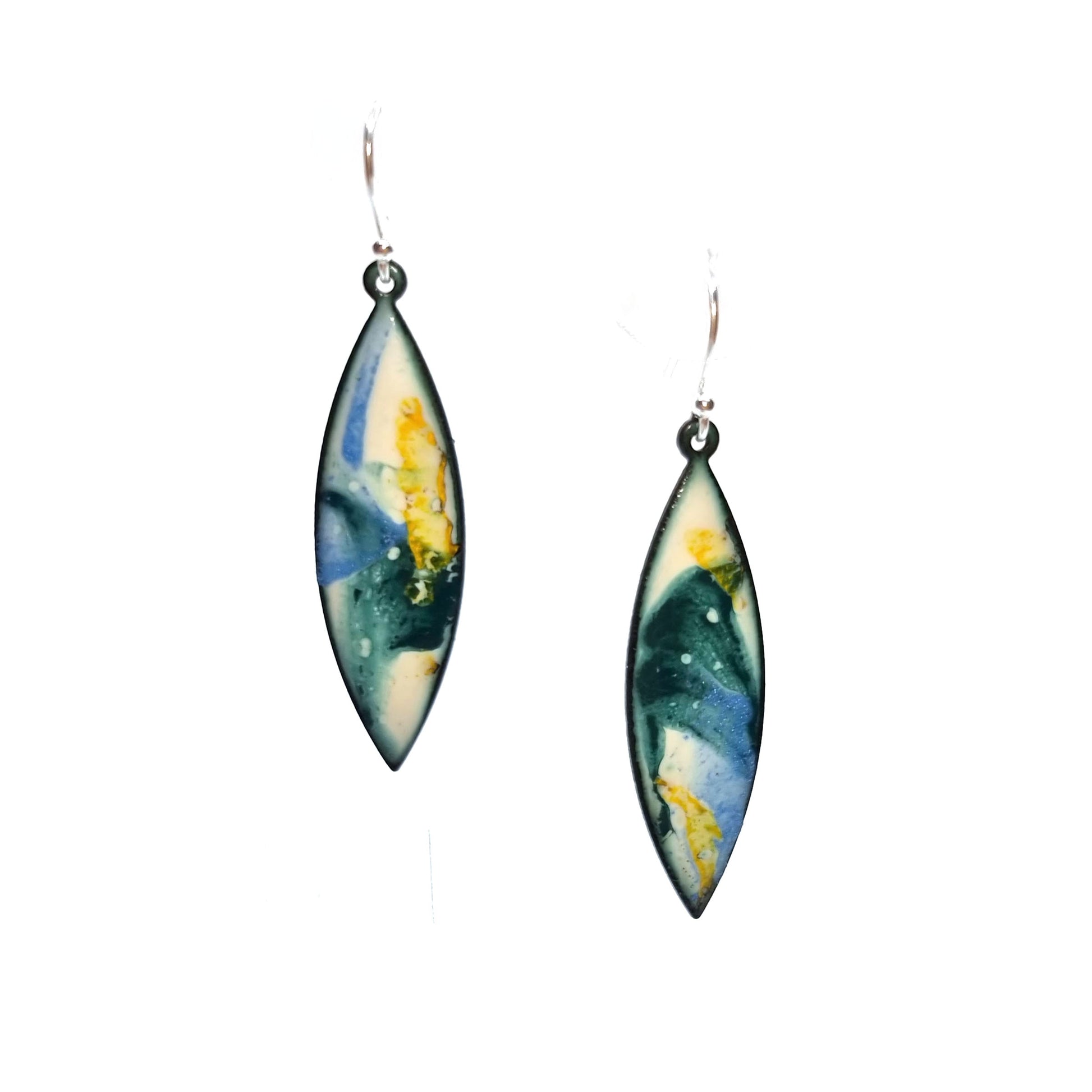 Navette shaped enamel drop earrings with green, blue and yellow splashes on a white background