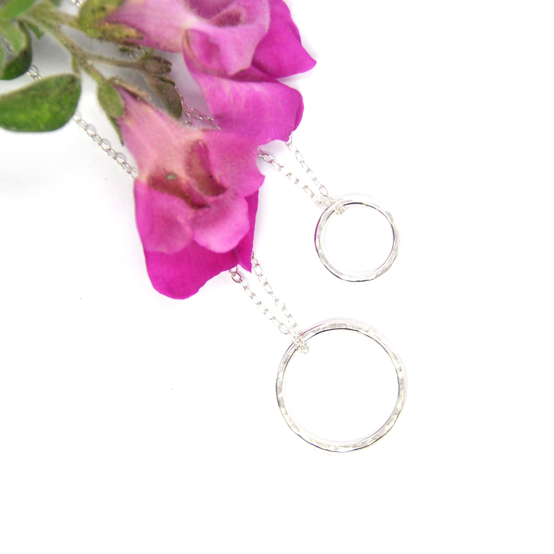 Silver hammered open circle pendant on silver chain - 2 sizes with flowers