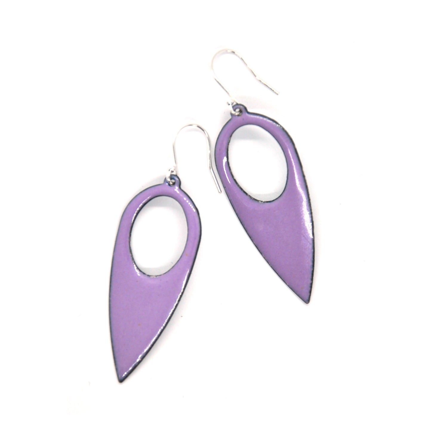 Large light purple enamel drop earrings. These earrings are a teardrop shape with a cut out hole.