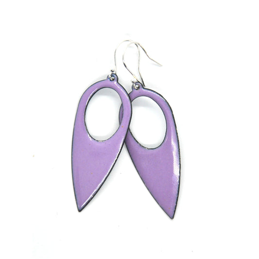 Large light purple enamel drop earrings. These earrings are a teardrop shape with a cut out hole.