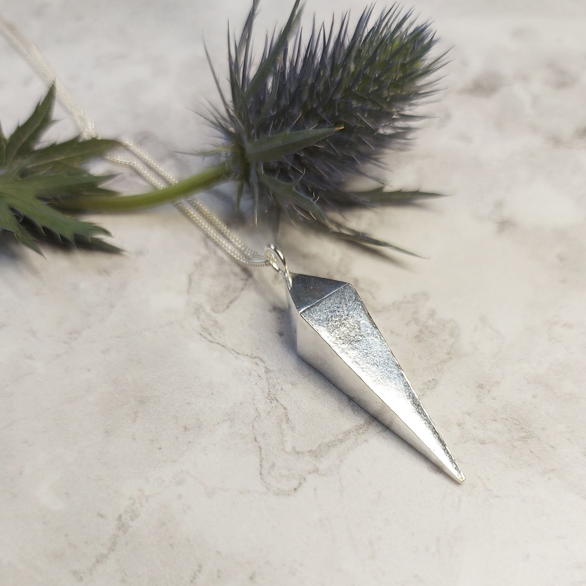 A silver geometric diamond shaped pendant on a silver chain. Pictured with a thistle.