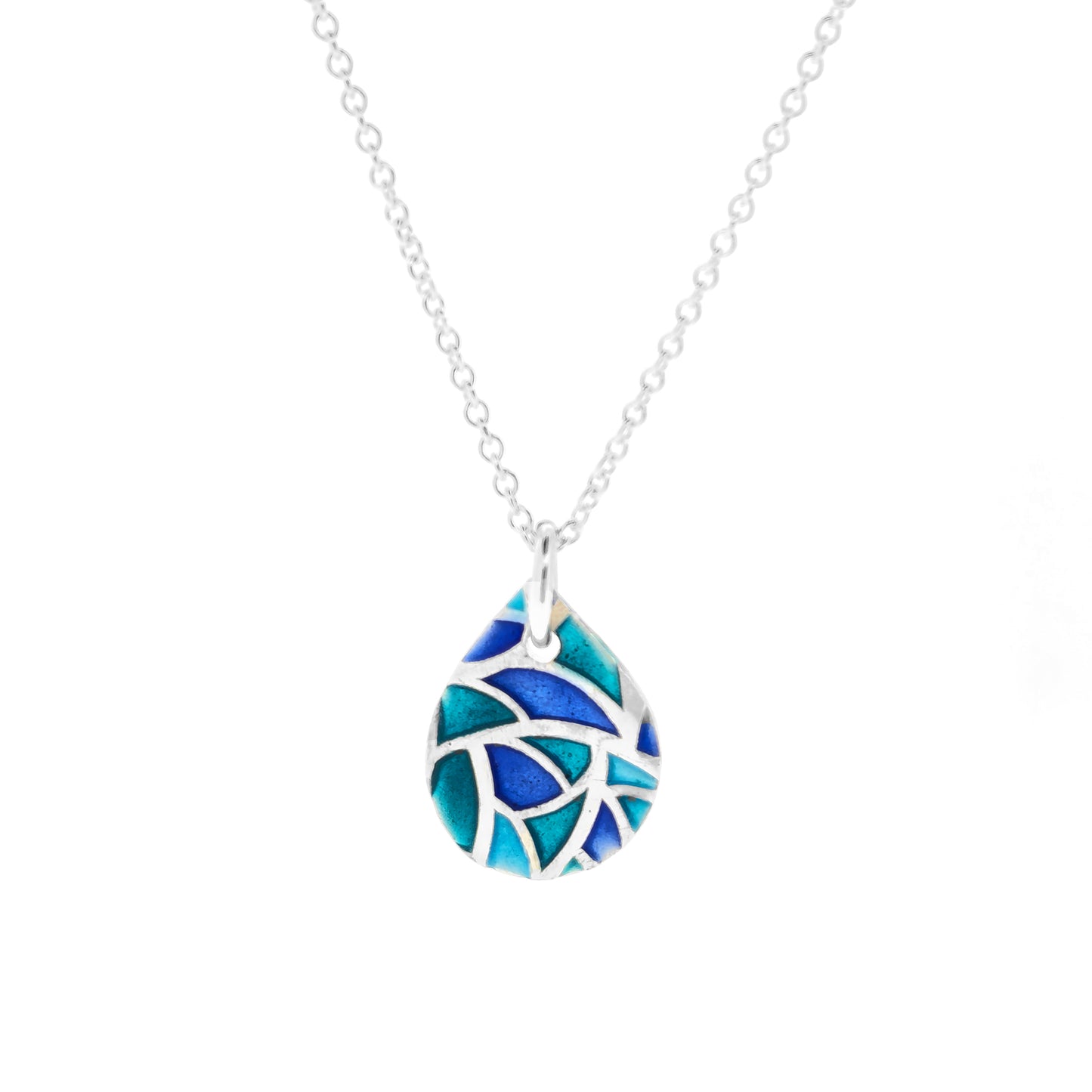 A teardrop shaped silver pendant with geometric cells of blue, green and turquoise enamel. On a silver chain. Small.