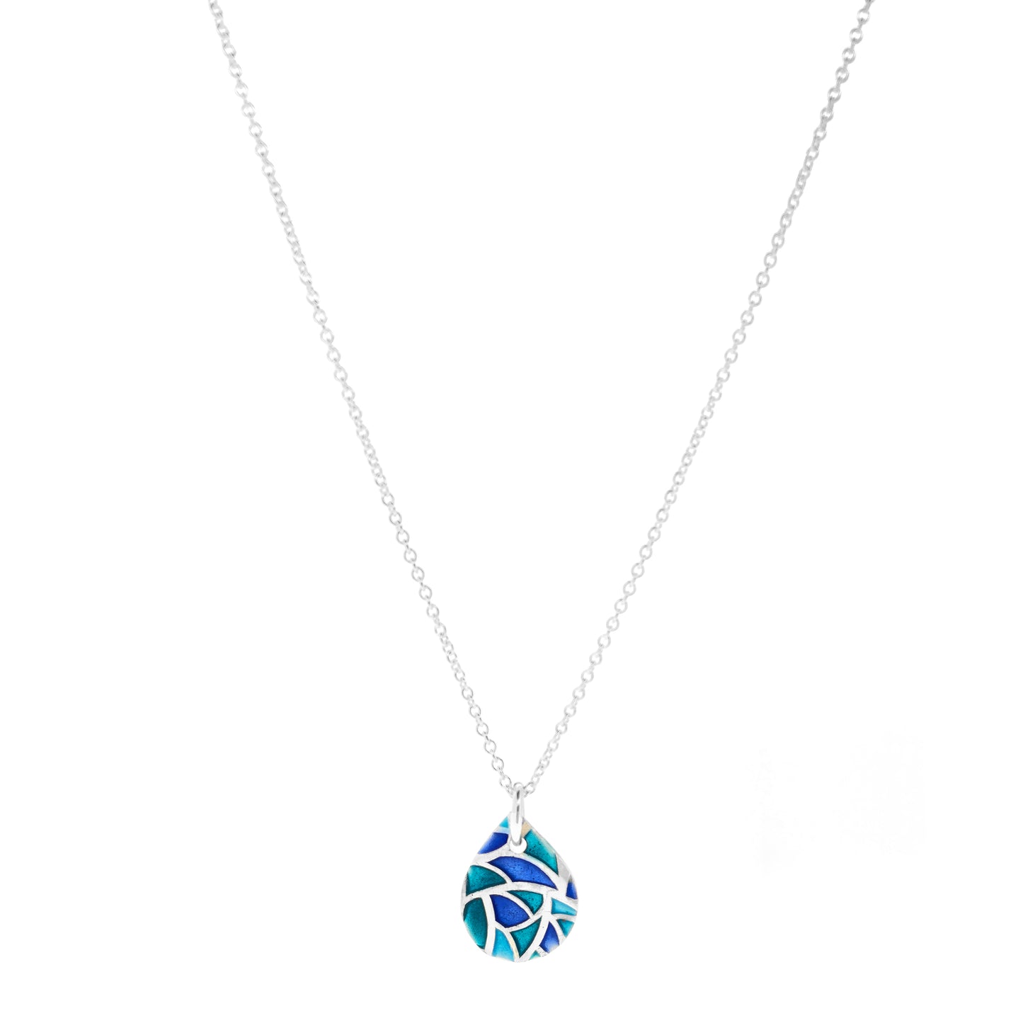 A teardrop shaped silver pendant with geometric cells of blue, green and turquoise enamel. On a silver chain. Small.