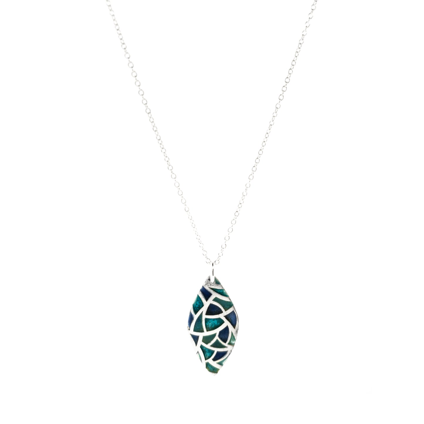 A marquise shaped silver pendant with geometric cells of blue, green and turquoise enamel. On a silver chain. Large.