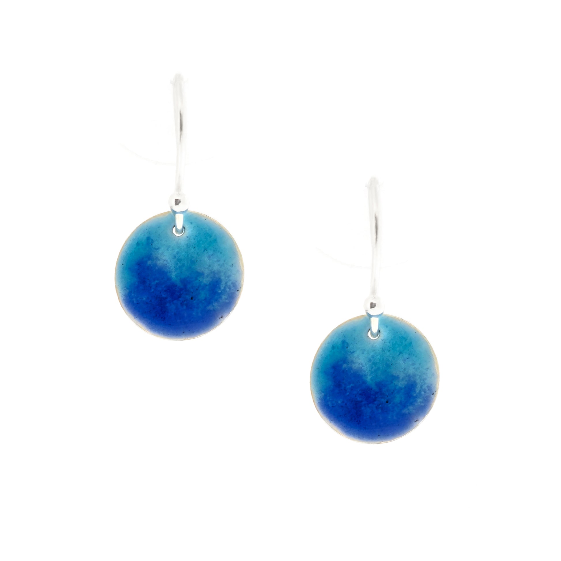 Silver round drop earrings with a mix of dark and light blue enamel.