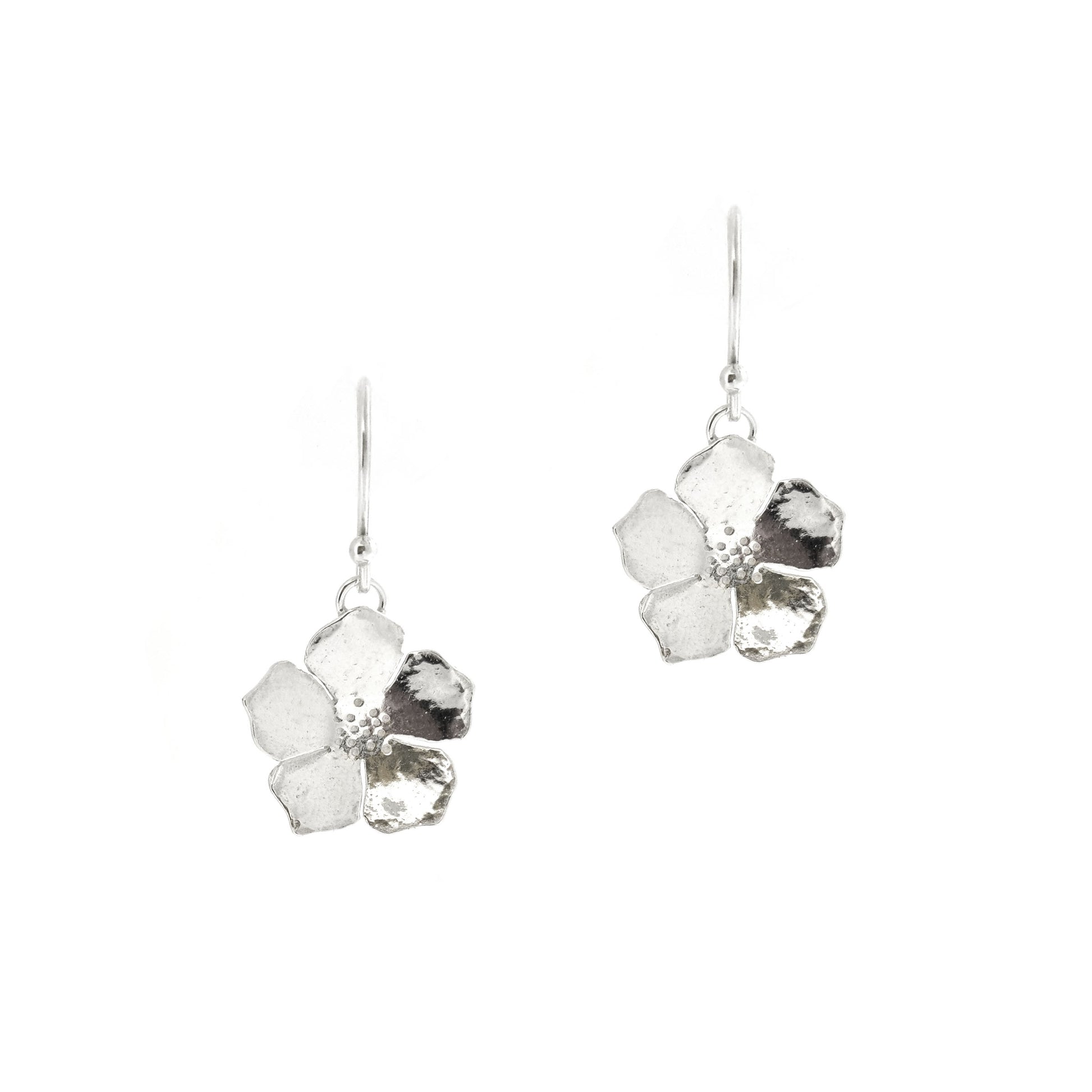 Silver five petal flower drop earrings