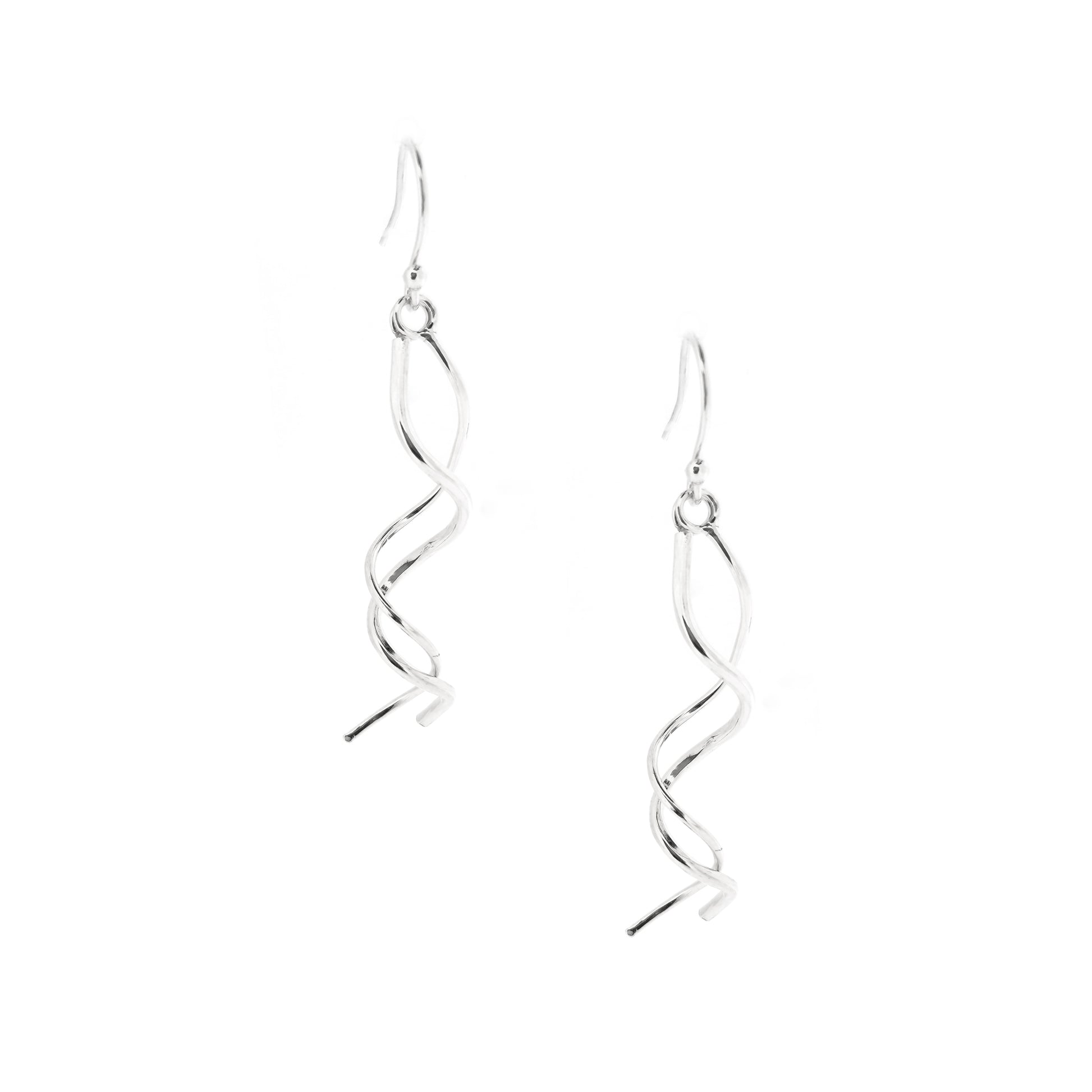 Silver spiral drop earrings featuring 2 curled strands intertwined.