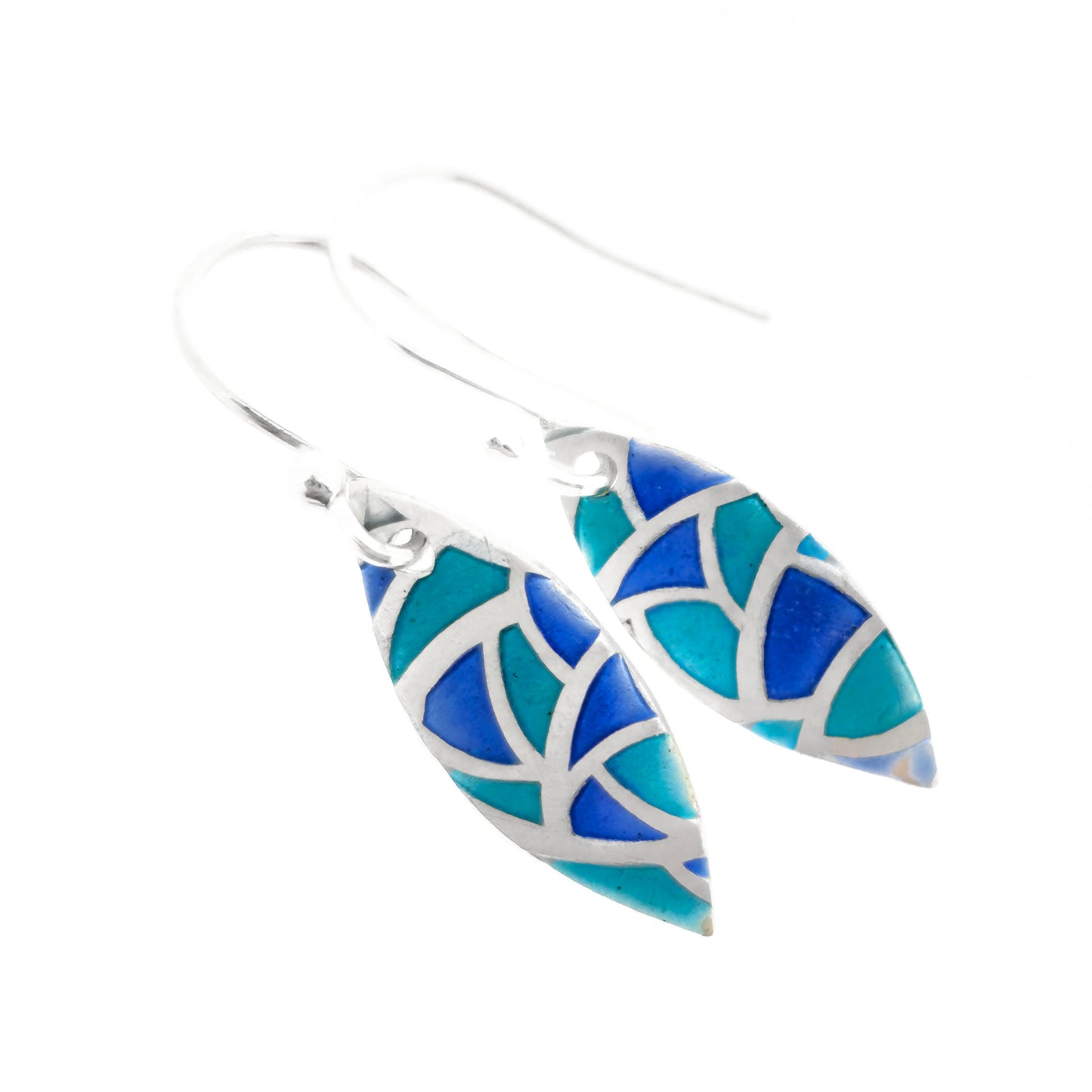Silver drop earrings. Each earrings has a marquise shape with geometric cells containing blue, green and turquoise enamel.