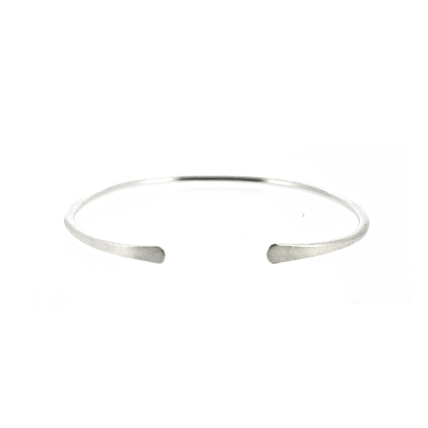 A silver open torque bangle with flattened ends.