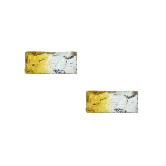 Silver rectangular stud earrings with a hammered finish and one half gold plated.