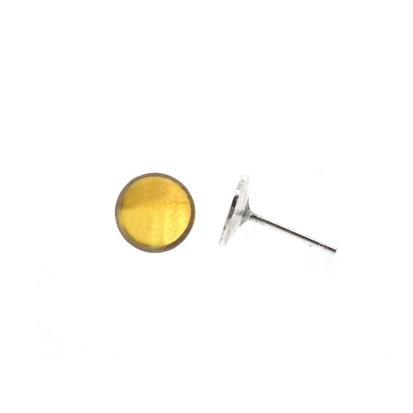 Silver round stud earrings with a gold center. Small.