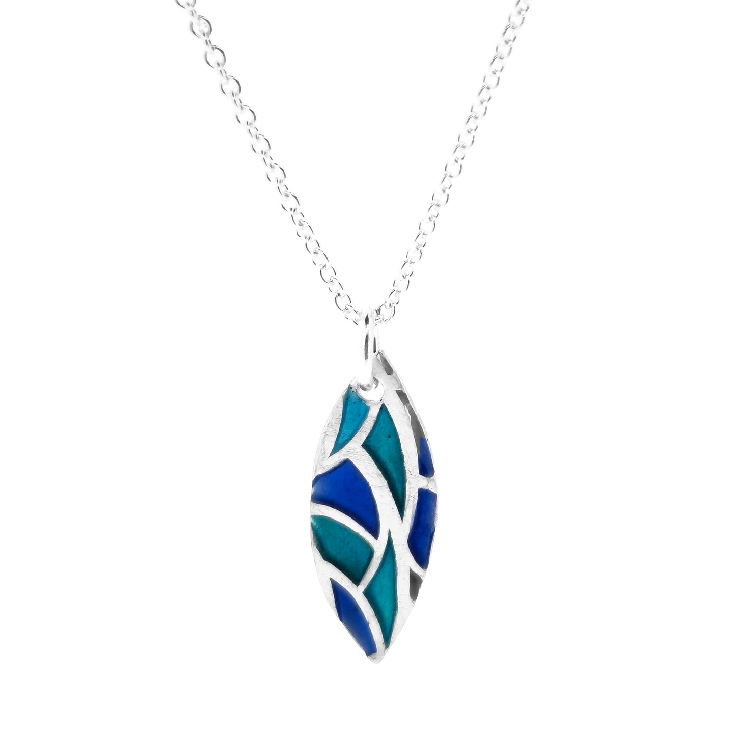 A marquise shaped silver pendant with geometric cells of blue, green and turquoise enamel. On a silver chain. Small.