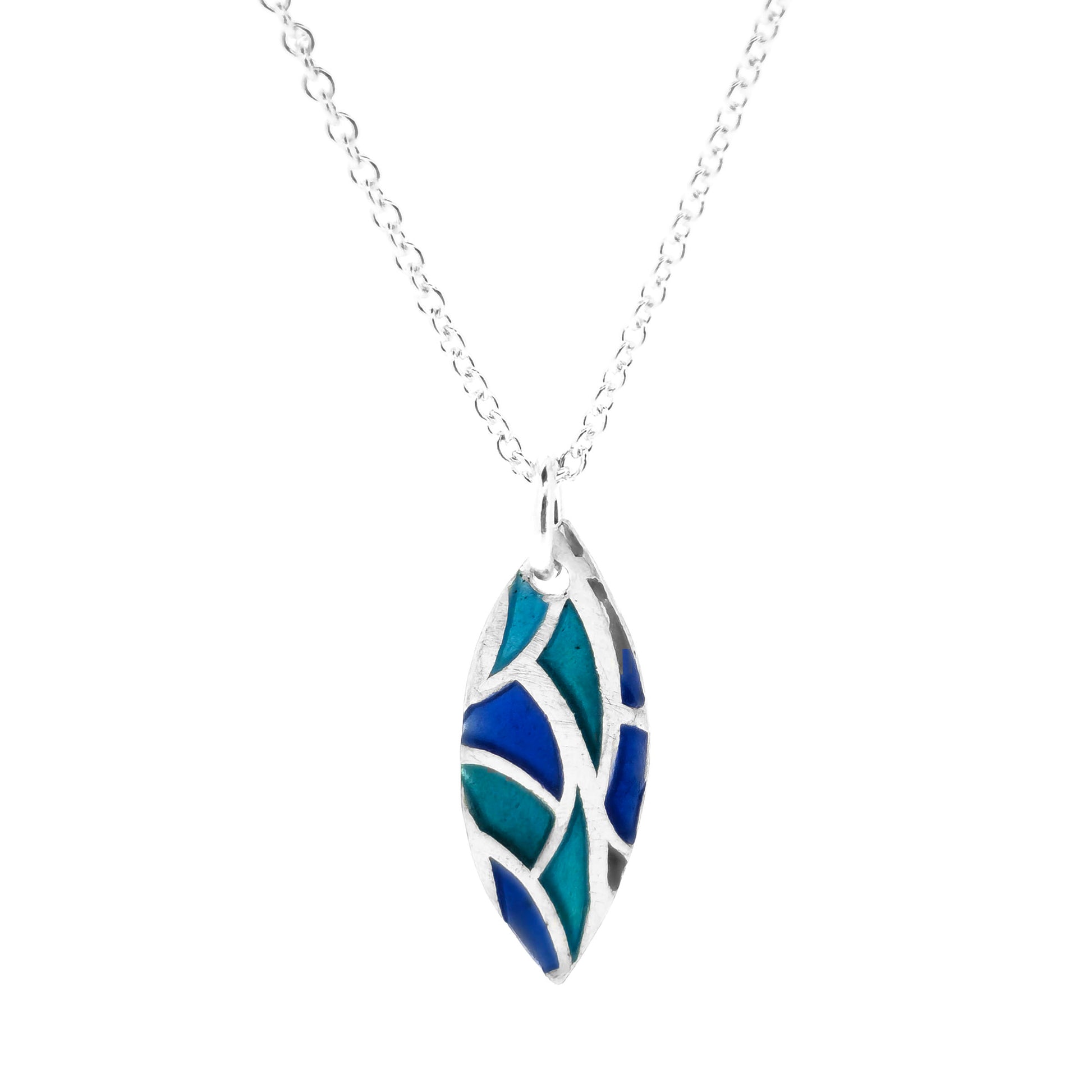 A marquise shaped silver pendant with geometric cells of blue, green and turquoise enamel. On a silver chain. Small.
