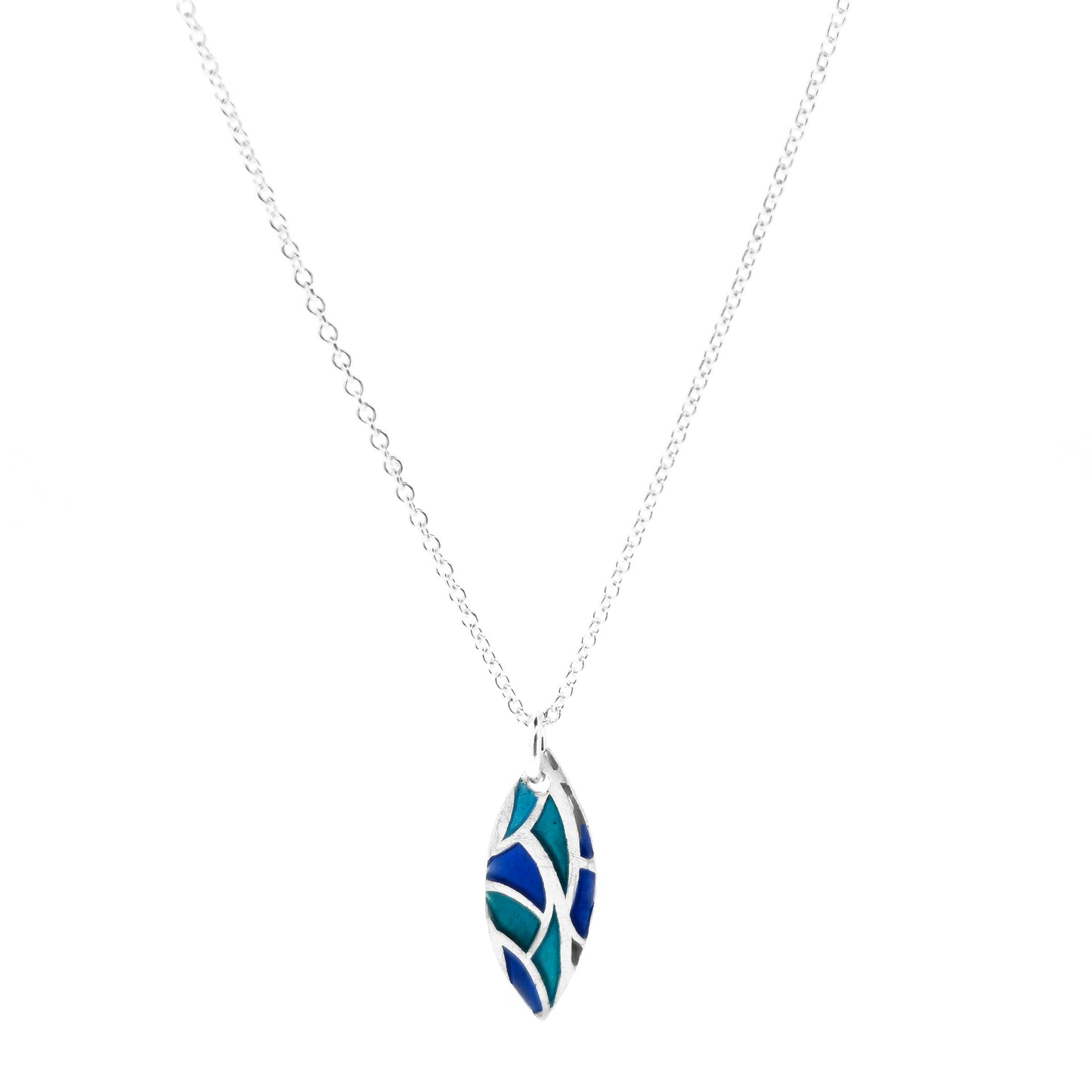 A marquise shaped silver pendant with geometric cells of blue, green and turquoise enamel. On a silver chain. Small.