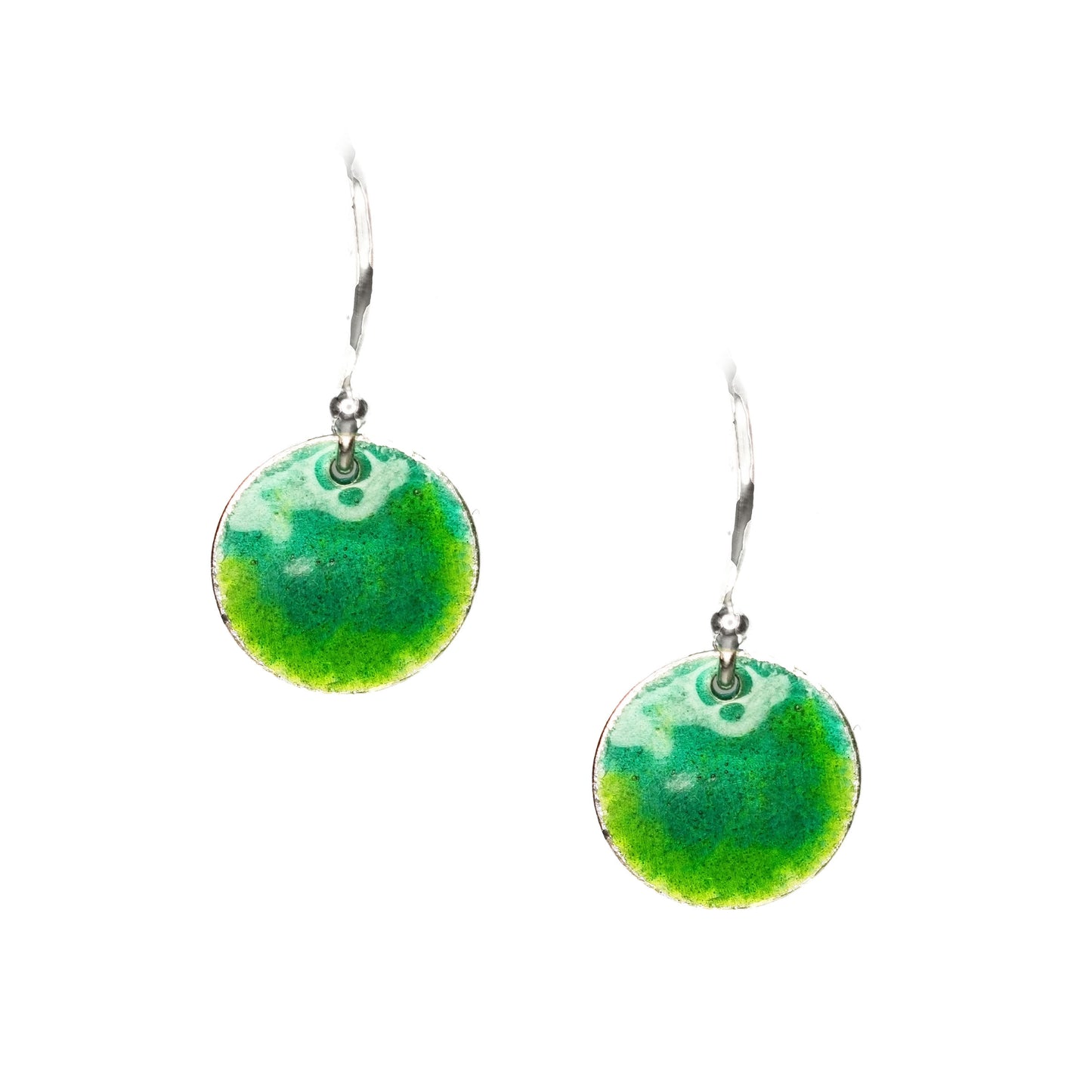 Round silver drop earrings with a mix of green enamels.