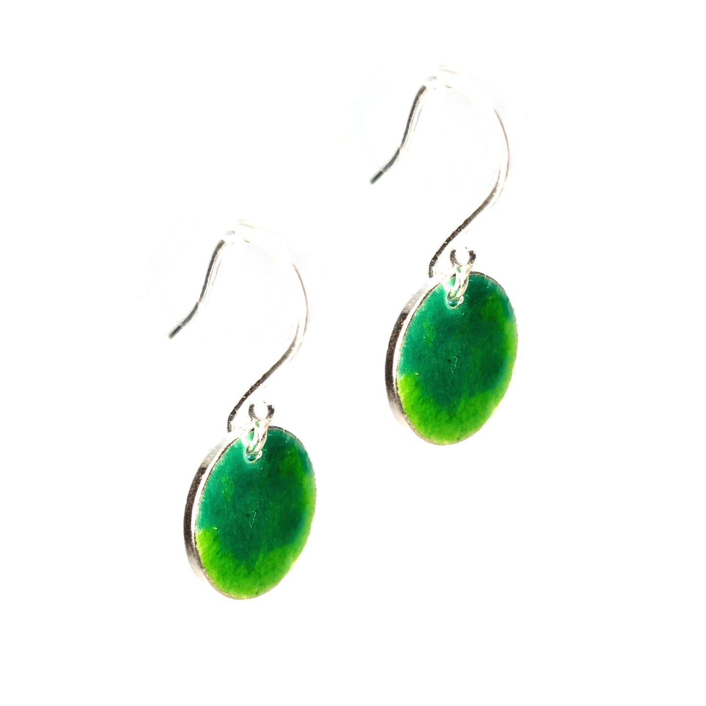 Round silver drop earrings with a mix of green enamels.