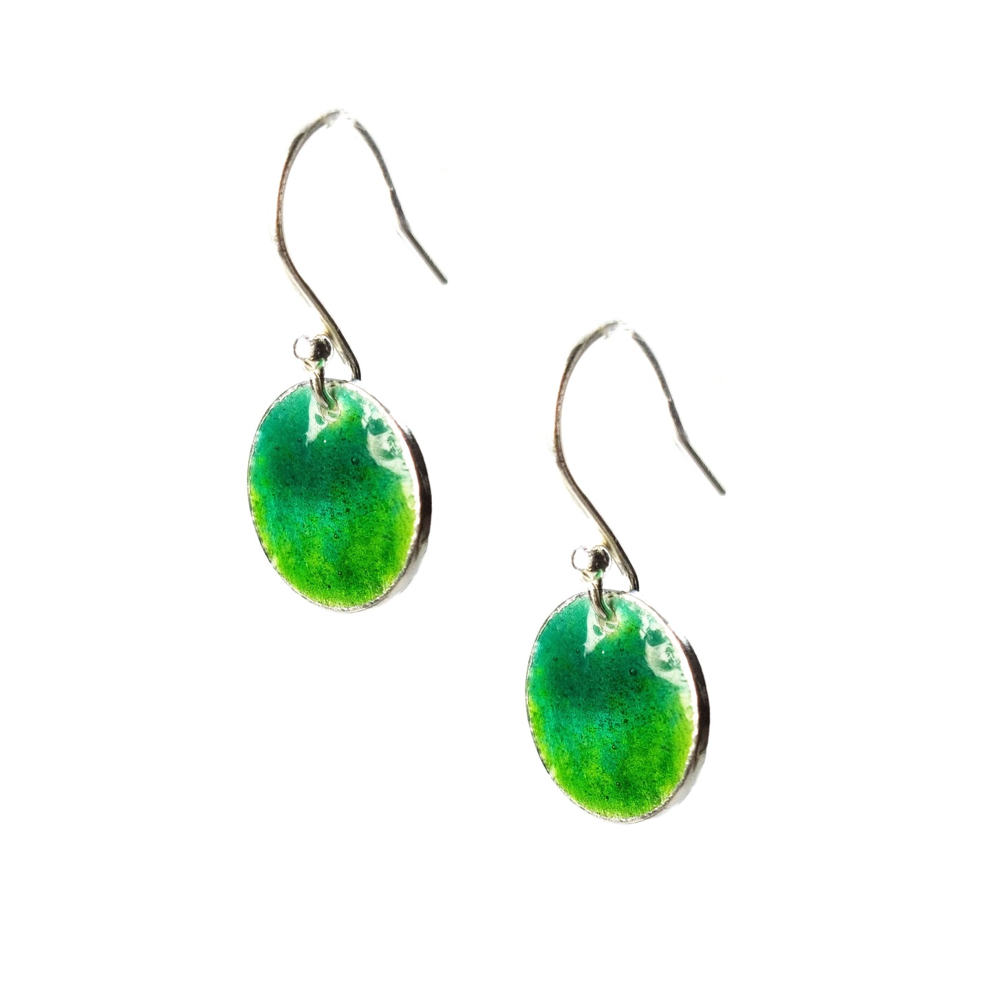 Round silver drop earrings with a mix of green enamels.