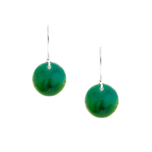 Round silver drop earrings with a mix of green enamels.