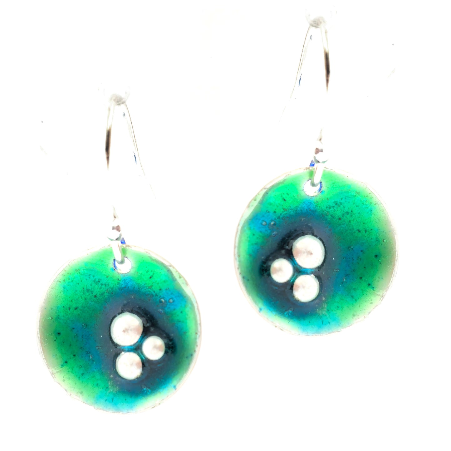 Handmade silver round drop earrings with green & turquoise enamel and 3 silver balls off centre. On silver ear hooks. Shown on a white background. Mijoux Jewellery.