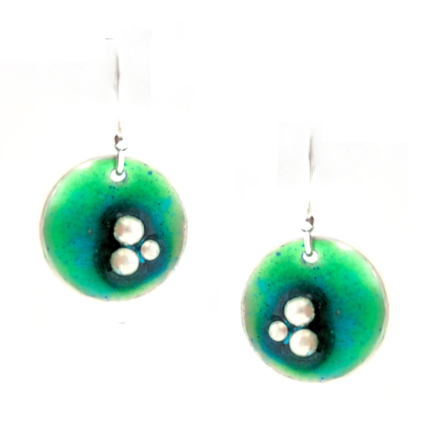 Handmade silver round drop earrings with green & turquoise enamel and 3 silver balls off centre. On silver ear hooks. Shown on a white background. Mijoux Jewellery.