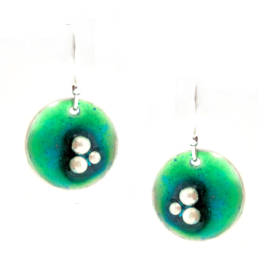 Handmade silver round drop earrings with green & turquoise enamel and 3 silver balls off centre. On silver ear hooks. Shown on a white background. Mijoux Jewellery.