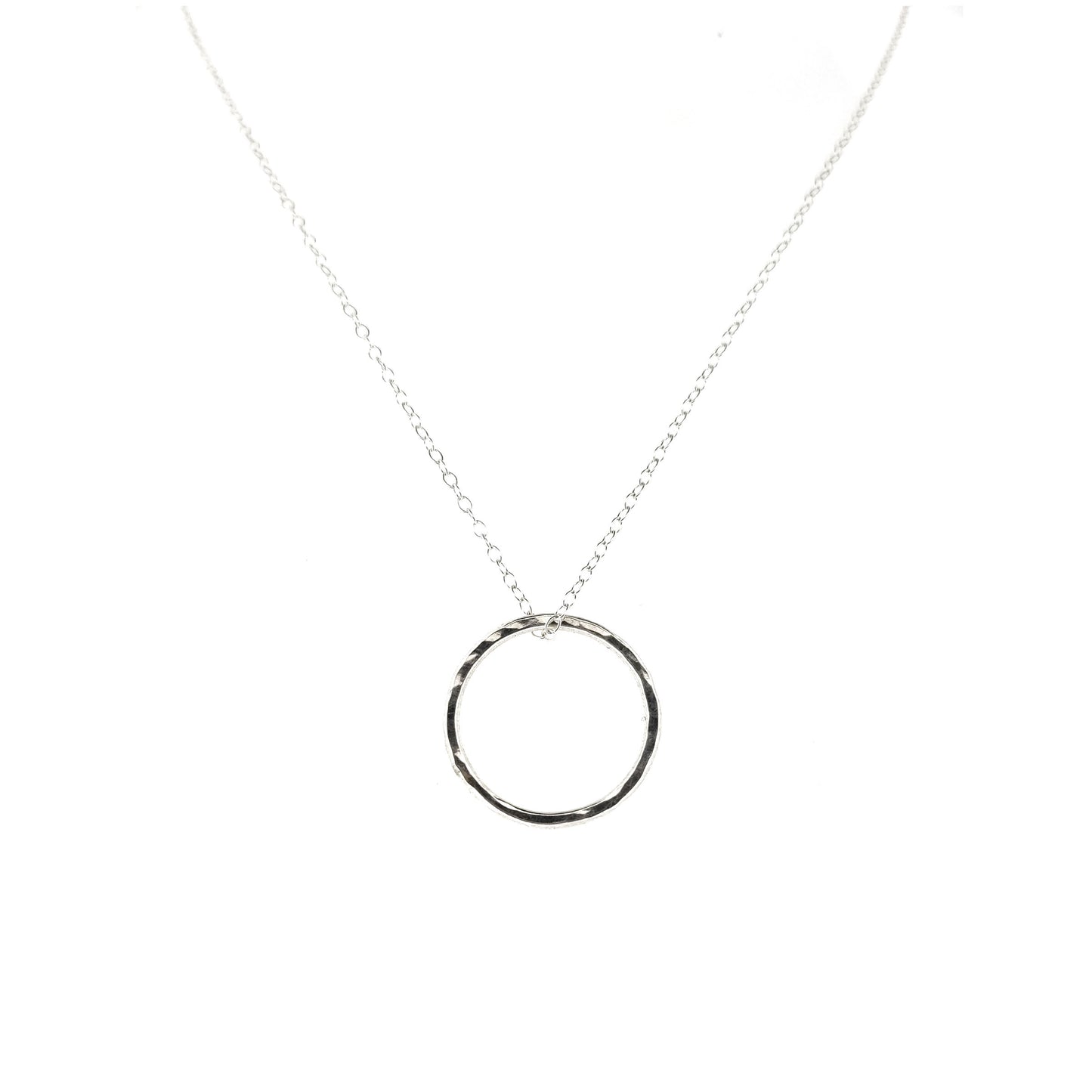 Silver hammered open circle pendant on silver chain - large