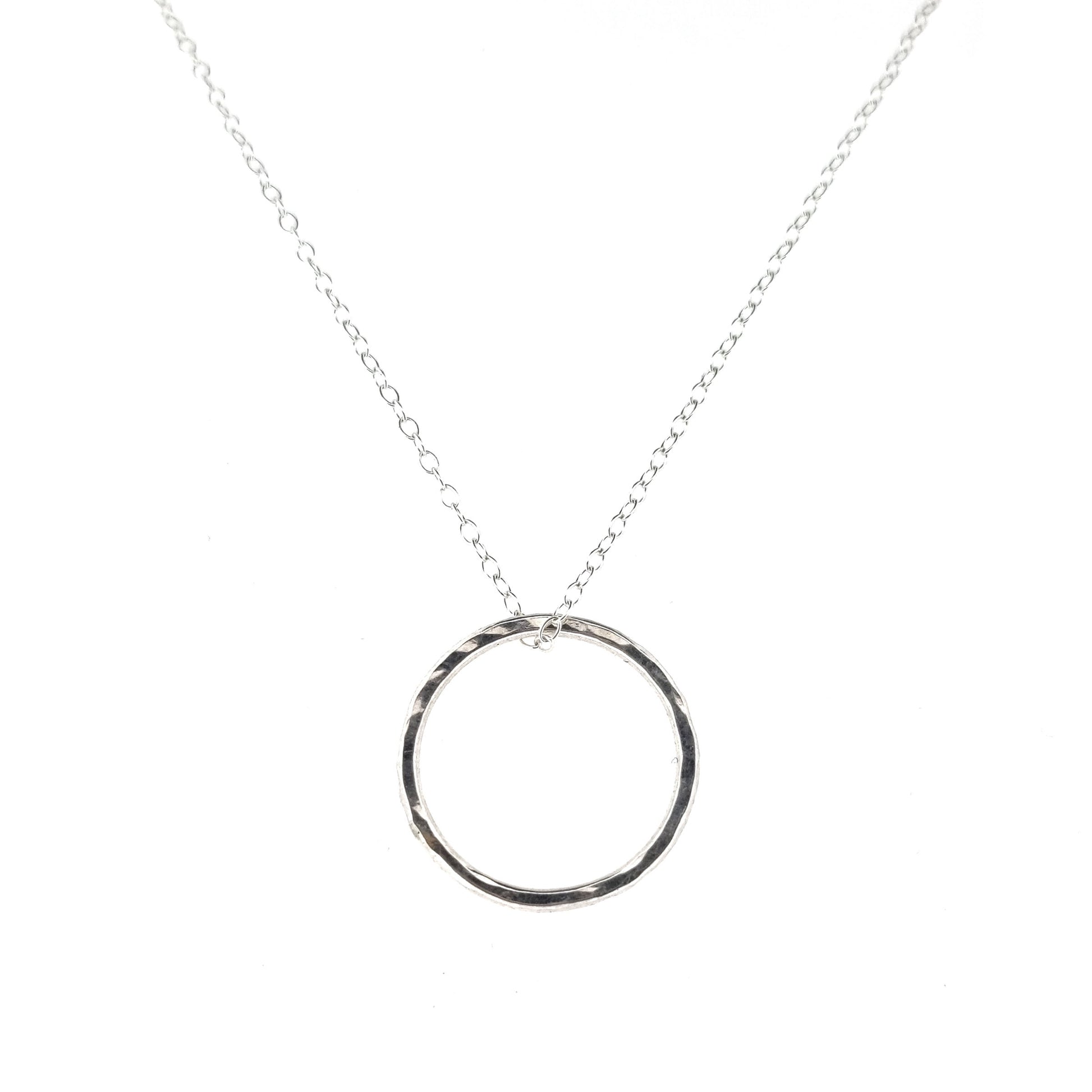 Silver hammered open circle pendant on silver chain - large