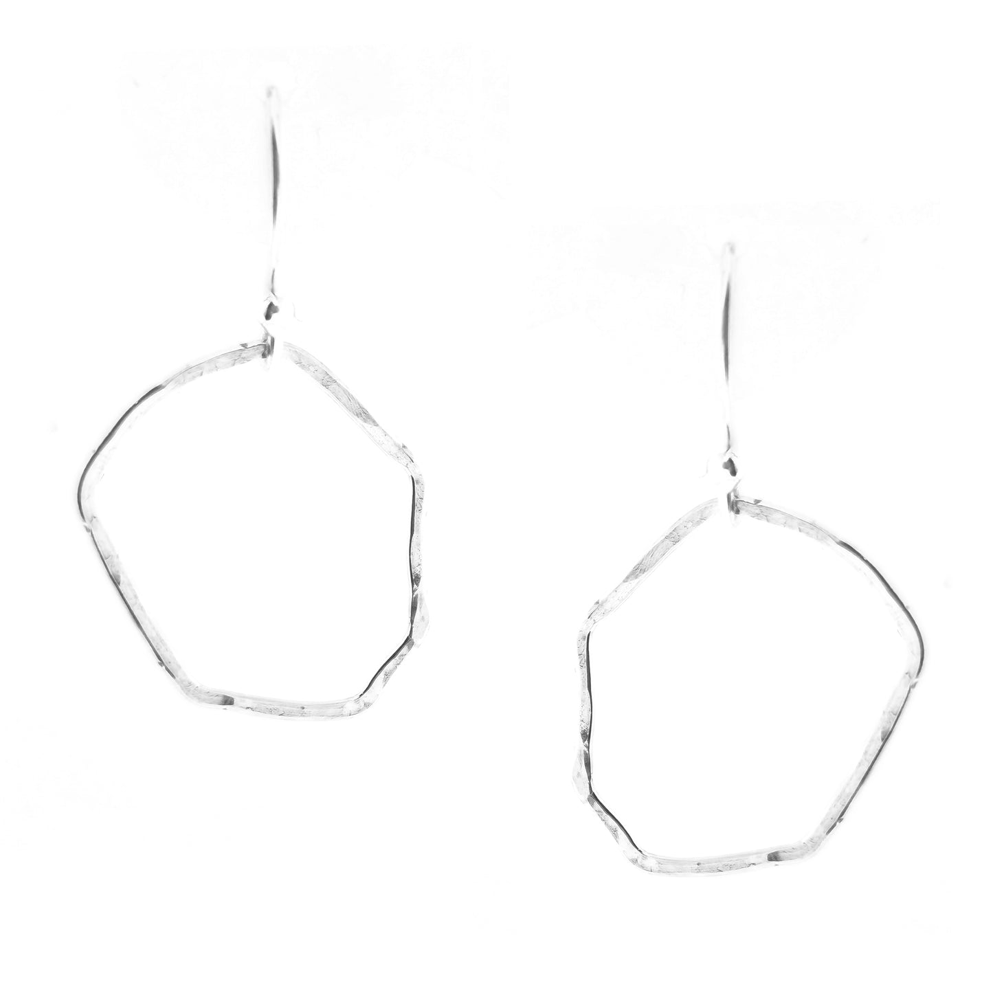 Silver drop earrings with an open organic rustic style circle suspended from silver ear wires - large.