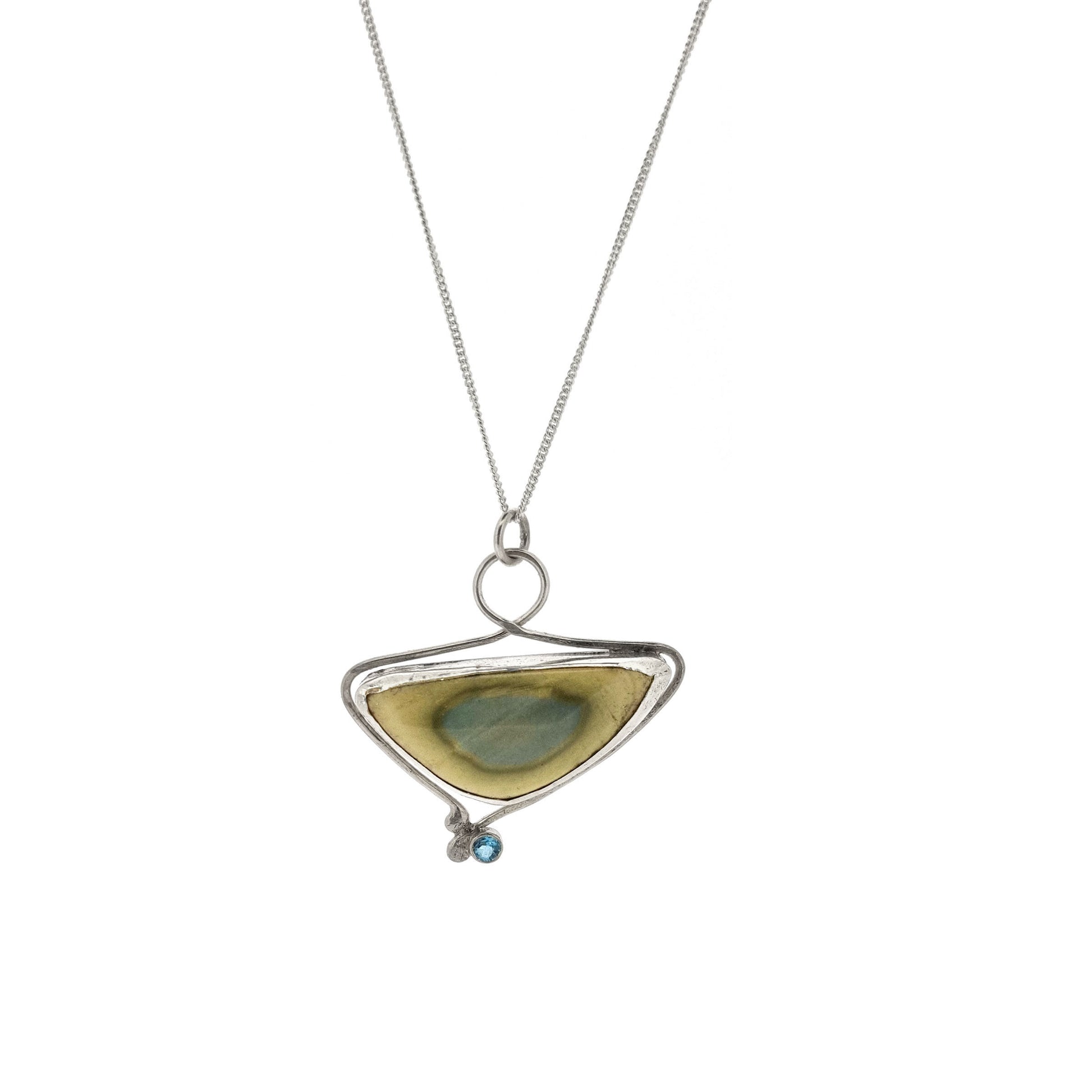 Silver asymmetrical pendant with Imperial Jasper and blue topaz on chain