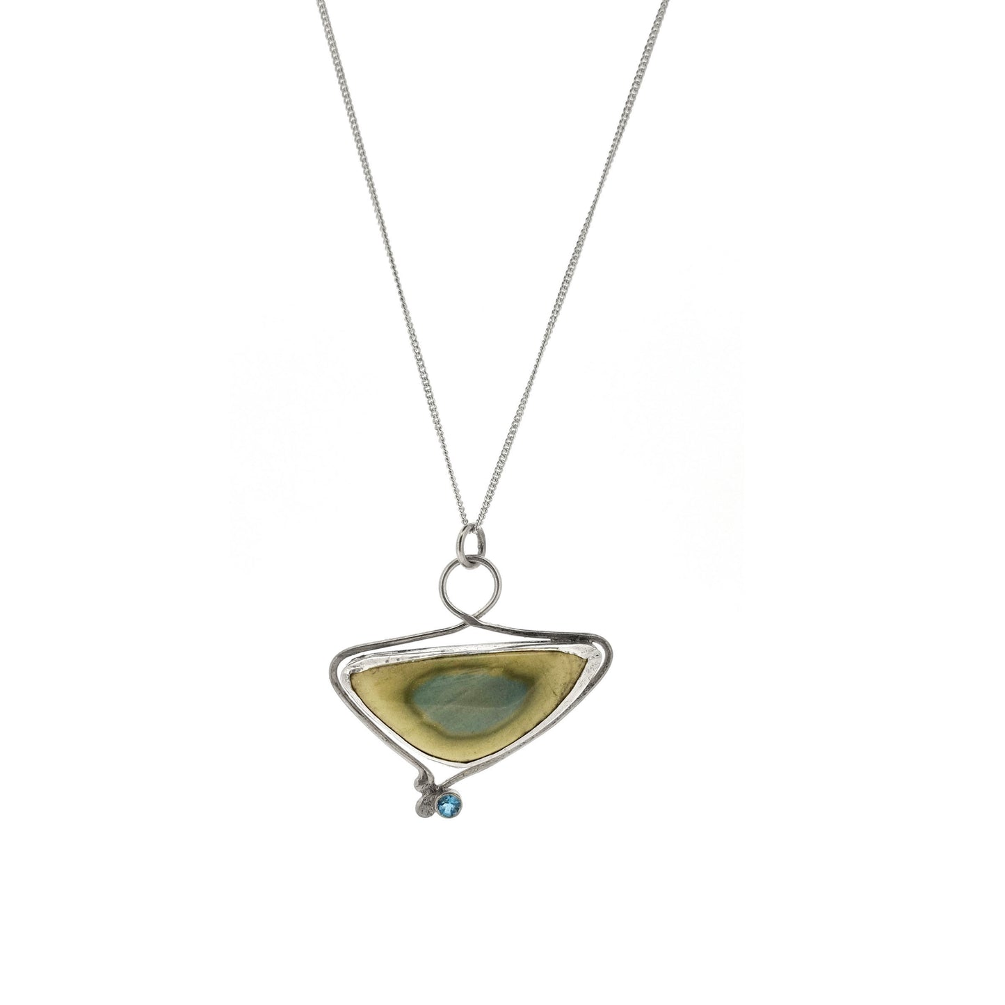 Silver asymmetrical pendant with Imperial Jasper and blue topaz on chain