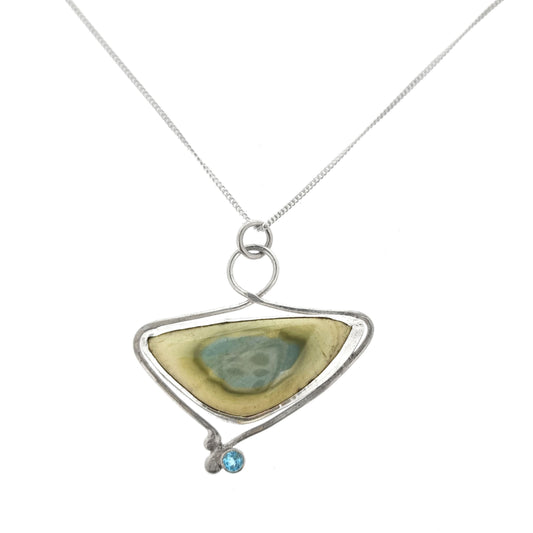 Silver asymmetrical pendant with Imperial Jasper and blue topaz on chain