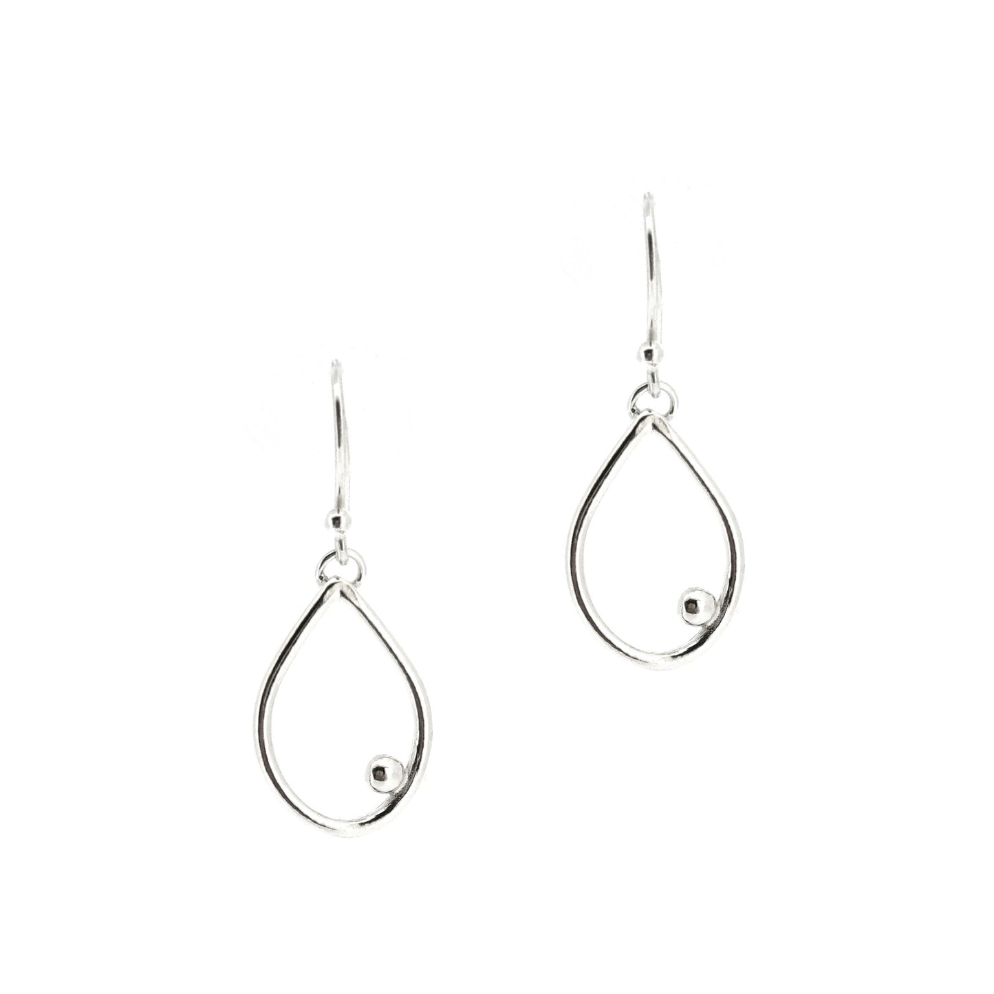 Silver drop earrings featuring an open teardrop shape with an off-centre ball. Medium.