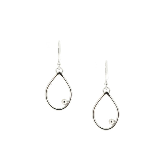 Silver drop earrings featuring an open teardrop shape with an off-centre ball. Medium.