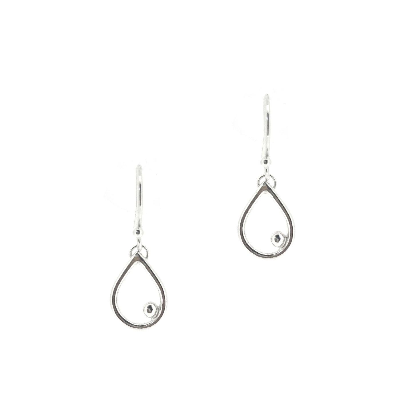 Silver drop earrings featuring an open teardrop shape with an off-centre ball. Small.