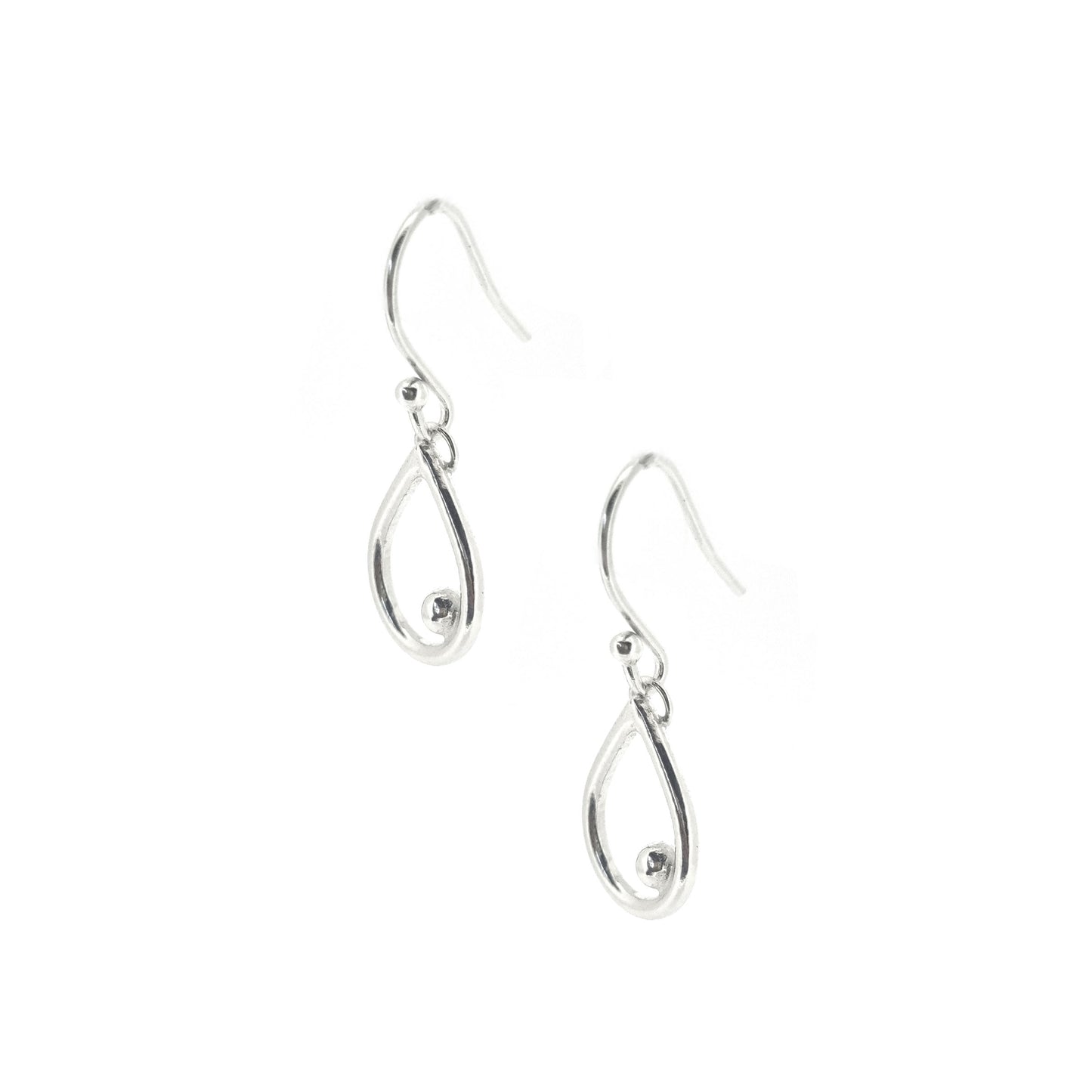 Silver drop earrings featuring an open teardrop shape with an off-centre ball. Small.